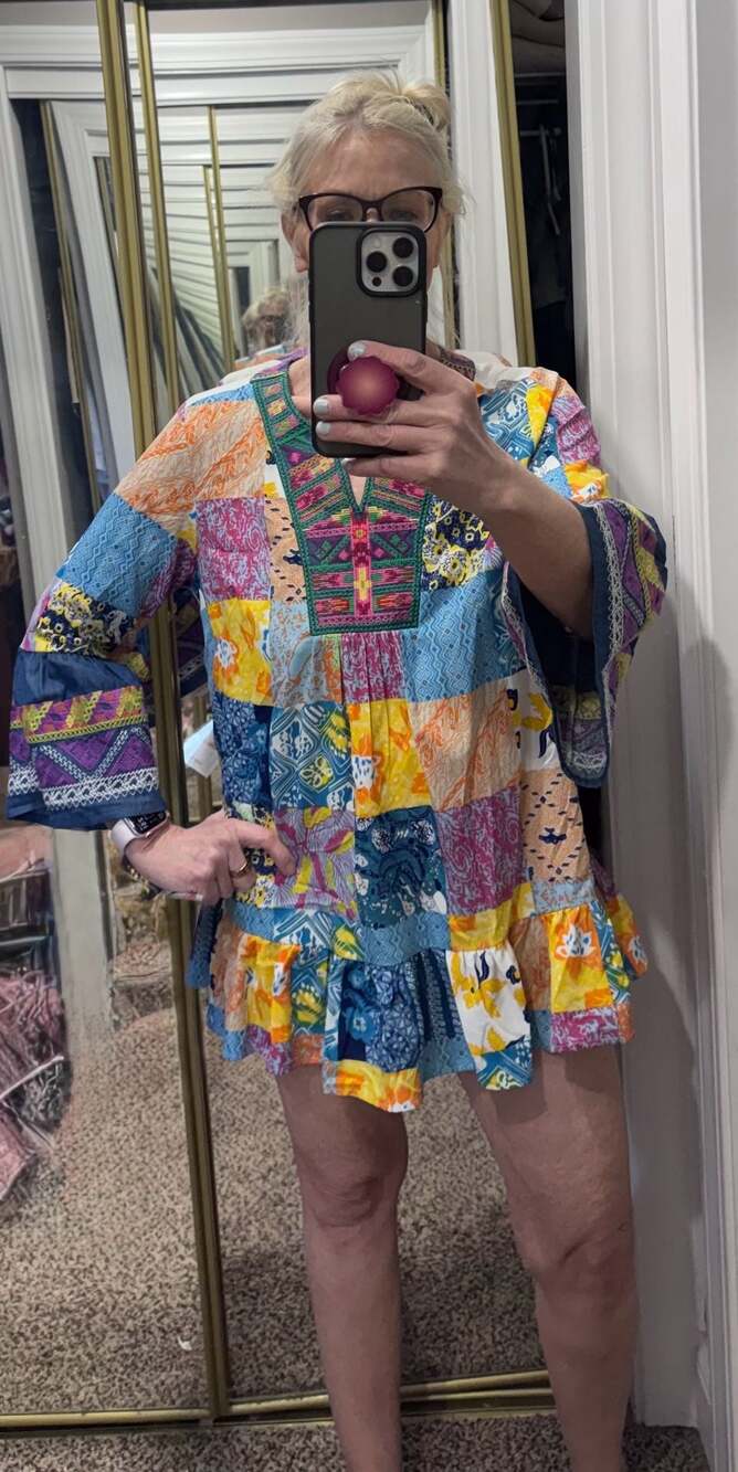 Calessa Embroidered Multi-Print Patchwork V-Neck … - image 3